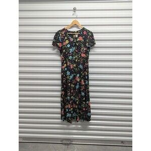 Vintage Erika Size 6 Black with Colorful Floral & Polka Dot Pattern Midi Dress